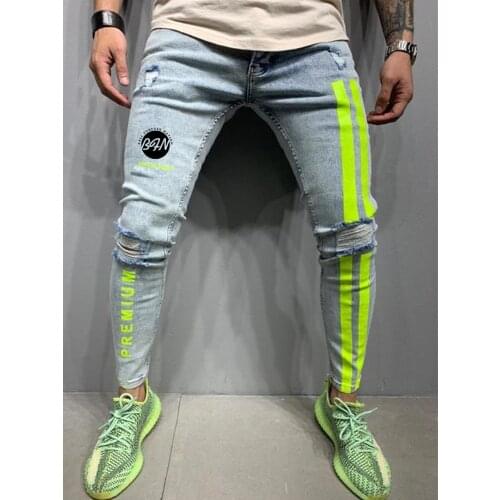 2021 Jeans Men Skinny Ripped Hole Jeans Stripe Printing Trousers Mens Casual Brand Jeans Fashion letter slim jeans