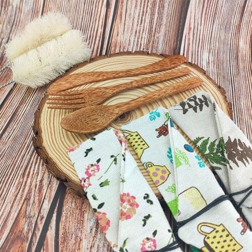Coconut wood cutlery set knife and fork spoon reusable food Dinnerware Outdoor Portable Flatware Zero Waste Bamboo Tableware Set