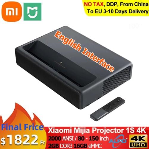 Xiaomi Mijia Projector 1S 4K Laser TV 2000ANSI Lumens 2GB DDR3 16GB eMMC Flash English Interface Home Theatre Support HDR