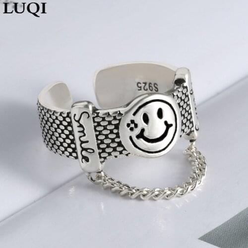 S925 retro Thai silver personality chain smiley fashion open rings NJ448