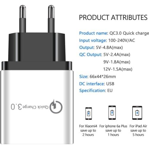 3 USB Charger Quick Charge 3.0 3 Ports Fast Charging Wall Adapter For iPhone 12 11 X Xiaomi Samsung Mobile Phone Charger QC 3.0
