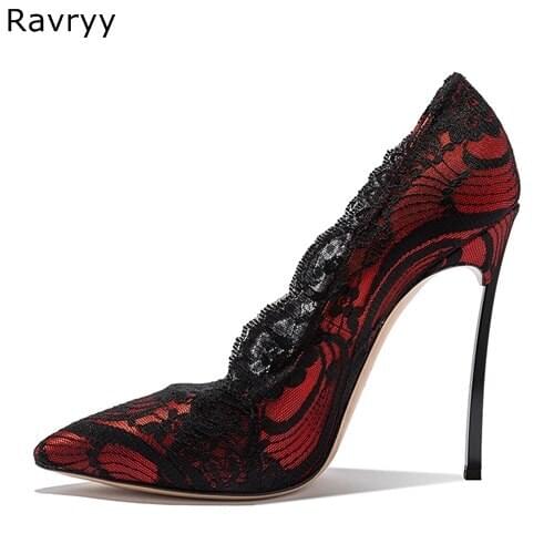 Wedding shoes wine red lace woman high heel Pointed Toe Sexy Pumps Thin heel female dress shoes stiletto elegant party shoes