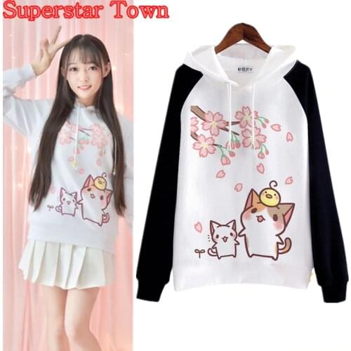 Japanese Kawaii Hoodies Harajuku Cat Women Sweatshirts Winter Mori Girl Cherry Blossoms Anime Lolita Hooded Hoodie