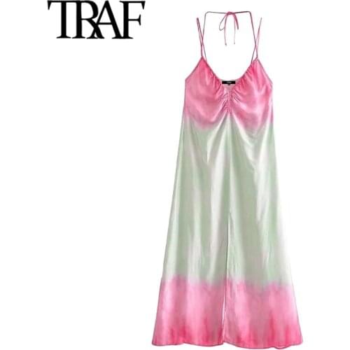 TRAF Women Fashion Tie-Dye Print Front Slit Midi Dress Vintage Backless Double Thin Straps Female Dresses Vestidos