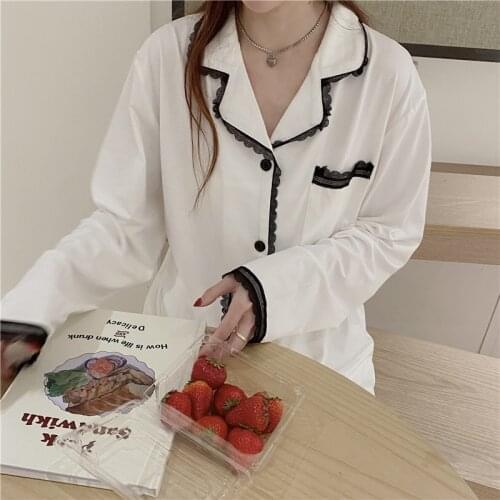 Spring Home Suit Women Turn Down Collar Single Breasted Shirts + Pants Set Sleepwear Pockets Loose Solid Lace Soft Home Clothes