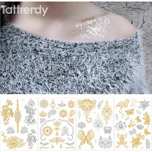 1sheet temporary tattoo sticker henna choker flower butterfly metal sexy women bride tribe flash metallic gold silver tattoo