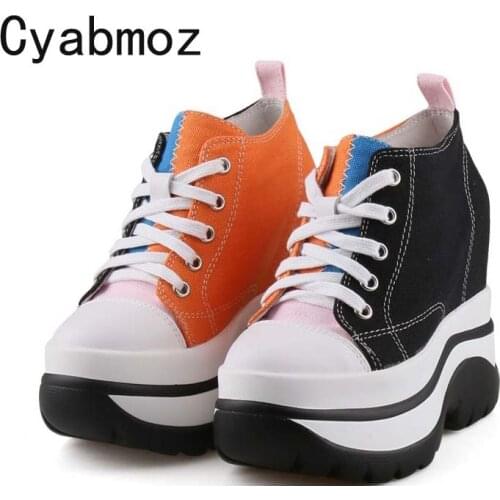 Women Canvas Wedges Sneakers High Platform Casual Shoes Fashion Woman Mixed color Invisible Heels 11CM Thick Bottom Leisure Shoe