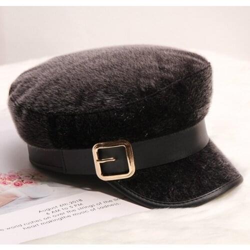 H746 Women Beret Hat Female Autumn Winter Korean Metal Button Navy Flat Top Cap Girl British Retro Solid Color Casual Warm Hats