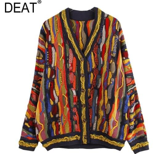 [DEAT] Hit Color Knitted Cardigan Sweater V-Neck Long Sleeve Women 2021 New Fashion Tide Female Outerwear Chic Tops 13U066
