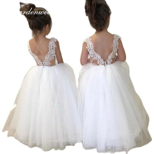Gardenwed Ivory Sequin Lace Applique Straps Flower Girl Dresses Backless Bow Sashes Prom Dresses Cute vestido de fiesta de boda
