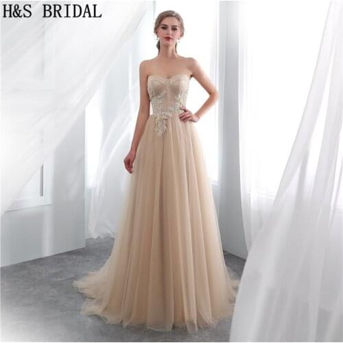 H&S BRIDAL Sweetheart Champagne Evening Dress Tulle Lace Elegant 2020 Evening Gown Lace Up Party Dress vestido de festa longo