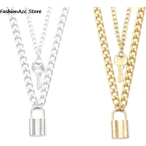 1pcs Stainless Steel Chain Necklace Lock Key Pendant Necklace Couple Love Necklace