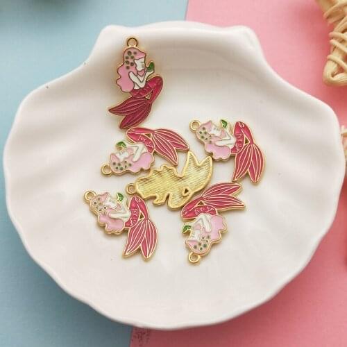 10Pcs/Pack Alloy Little Mermaid Enamel Charms Pendant For Earrings Bracelet Floating DIY Jewelry Making Accessories Golden Base