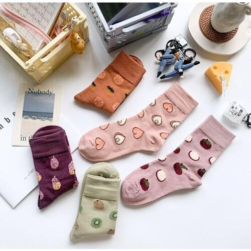 1 Pair Vintage 100% Cotton Harajuku Kawaii Sushi Fruits Peach Kiwi Funny Socks Women Creative Cartoon Girls Calcetines Mujer