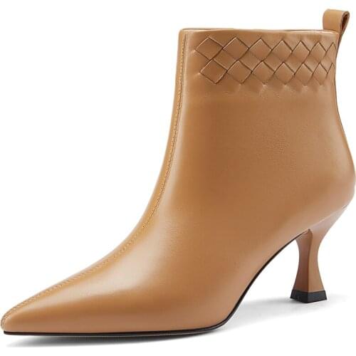 Autumn Winter Ankle Women Modern Boots High Heels Shoe Genuine Leather Elegant Short Plush Footwear Boot Black Brown Shoes A82