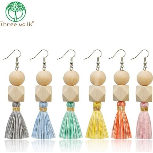 Vintage Geometric Wooden Beads Tassels Earrings For Women Gift Top Quality