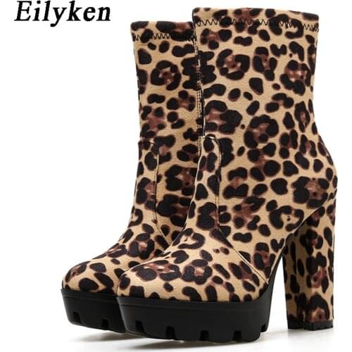 Eilyken Fashion Leopard grain Thick High Heels Women Boots Fashion Zip Shoes Platform Female Boot Plus Size 41 42