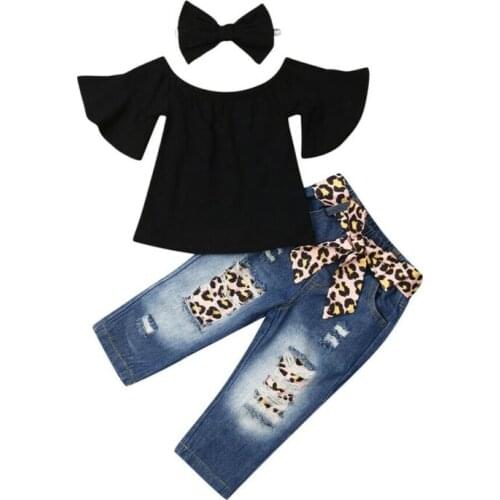 New Fashion Toddler Kids Baby Girl Off shoulder Ruffle Shirt T shirt Denim Jeans Leopard Pants Headnband Outfit 3PCS Clothes Set