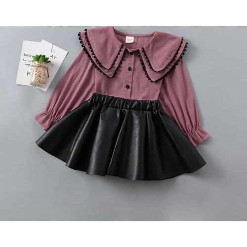 2-7 years girl clothing set new spring autumn girls long sleeve solid shirt + leather skirt kids clothes children girl clothing