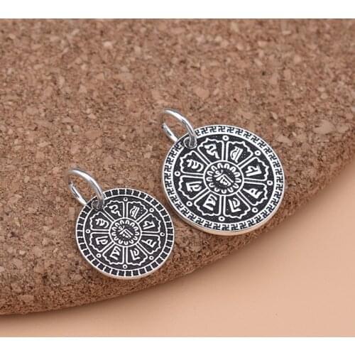S925 Sterling Silver Thai Silver Pendant Accessories Vintage Six Word Mantra Round Pendant Bracelet Necklace Pendant Accessories