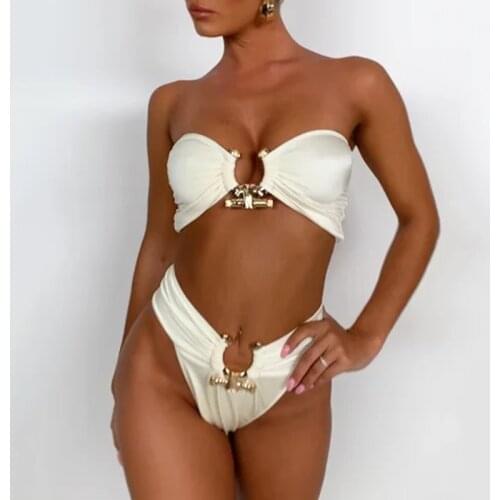 2021 Sexy Metal Rings High Waist Bikini Women Bandeau Swimsuit female Swimwear Two pieces bikini set Bather Bathing Suit Swim