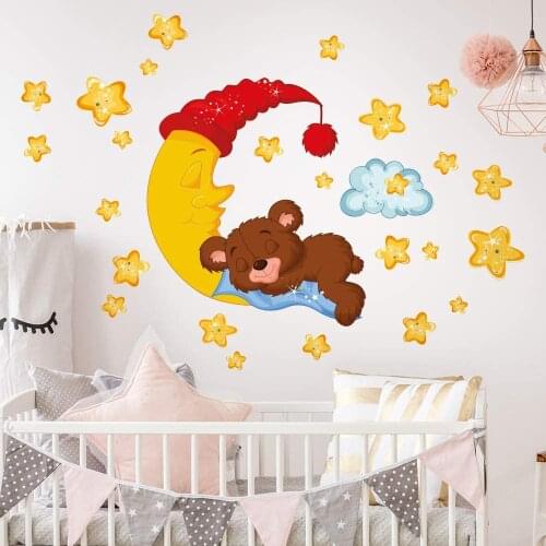 Teddy Bear plush toy moon clouds decor mural wall stickers baby kids bedroom nursery bedroom