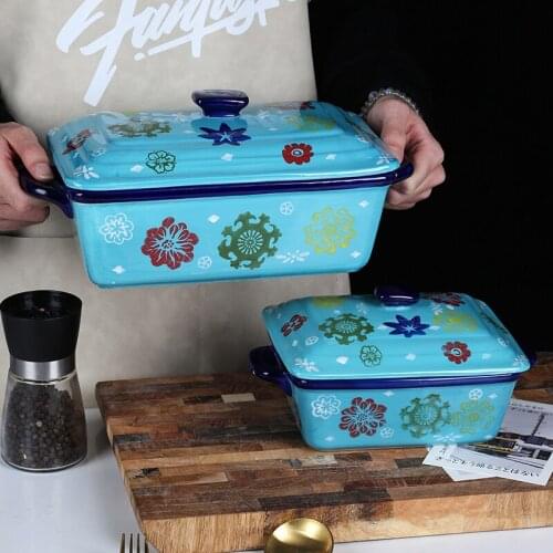 Baking Tray with Cover Ceramic Rectangular Double Ear Anti-scalding Design Cheese Baking Dish Tray