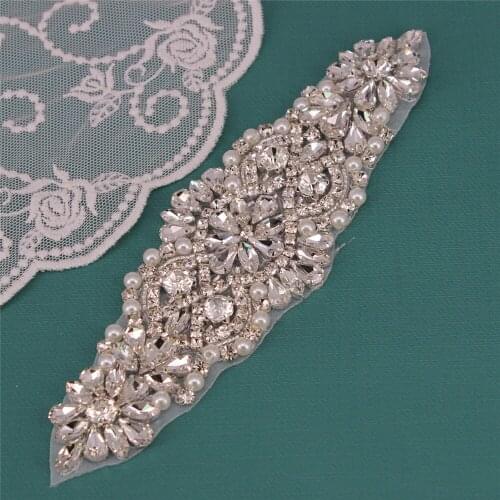 Silver Rhinestone Patches Wedding Dress Garters Headpieces Crystal Rhinestone Applique with Pearls for Bridal Belt