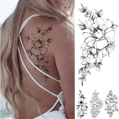 Waterproof Temporary Tattoo Sticker Peony Plum Blossom Black Flash Tattoos Female Minimalist Line Body Art Back Fake Tatoo Male