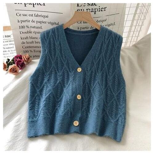 Knitted Women Sweater Vest Unif Vintage Solid Color Cardigan Sleeveless Pullovers Waistcoat Female Sweaters Jumper Top