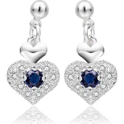 Wedding beautiful blue crystal heart- lover women silver color Stud Earrings New hot Valentines Day gift Jewelry