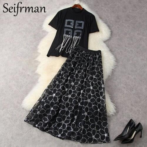 Seifrmann New 2021 Summer Women Fashion Designer Skirts Set Short Sleeve Sequined Loose T-Shirts + High Waist A-Line Midi Skirts