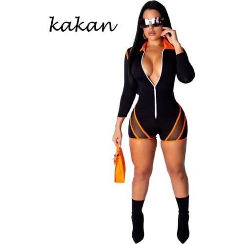 Kakan new womens jumpsuit fluorescent color stitching mesh sexy slim bodysuit
