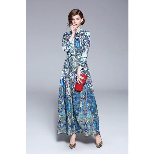 Womens European fashion spring summer long sleeve print ankle-length dress female vintage high waist runway long dress TB990