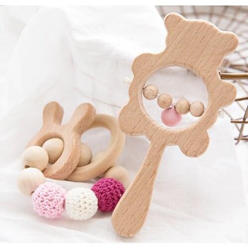 2pcs/Set Baby Wooden Teether Beech Rattle Toys Teething Bracelet Wood Ring Animal Pendant Gym Play Stroller Toys Baby Products