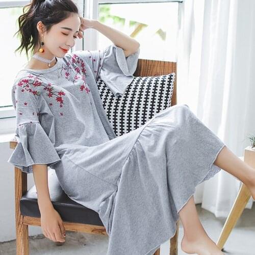 2022 Spring Autumn Loose Cotton Fishtail Nightgown Female Home Embroidery Sleepwear Pyjamas Half Sleeve Lingerie long Nightdress