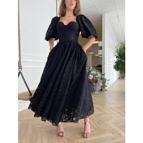Black Ankle Length Lace Prom Dresses with Pockets A Line Half Puffy Sleeve Homecoming Formal Party Gowns Robes De Soirée