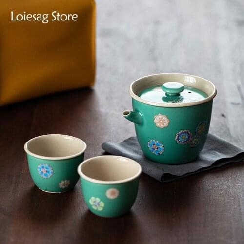 Loiesag Sanwei Tea Travel Tea Set Teacup Japanese Turquoise Green Ceramic Quick Guest Cup One Pot And Two Cups Outdoor Portable