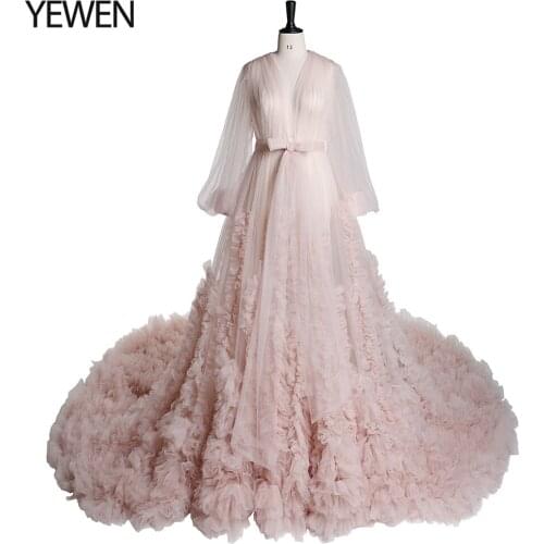 Elegant V Neck Evening Dress Long Sleeve Tulle Ruffles Maternity Gowns for Baby Shower Photography Photo Shoot Dress Props YEWEN