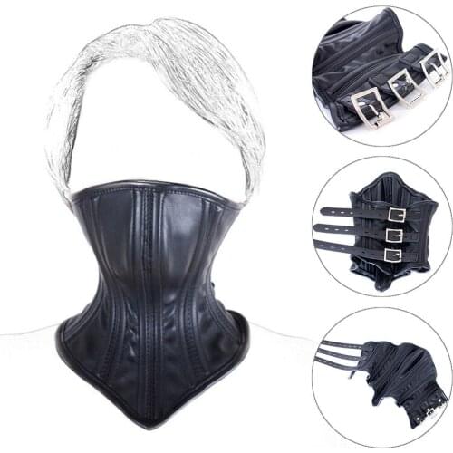 CamaTech Soft Leather Slave Neck Collar Restraints Bondage BDSM Half Face Mask Lockable Cartilage Support Sex Collars Adult Game