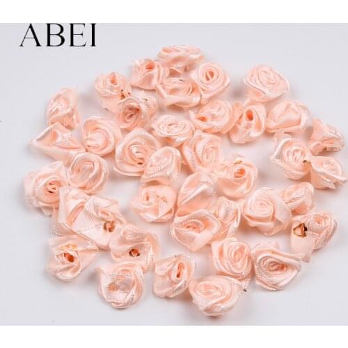 100pcs 15mm Wholesale Mini Champange Rose Head Artificial Satin Ribbon Flower Boutique Accessories