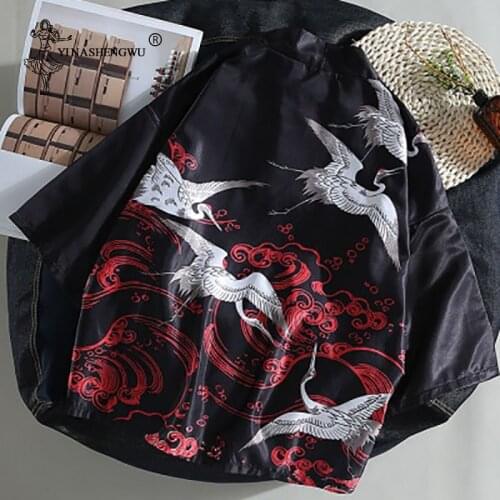 Japan Kimono Men Yukata Women Top Crane Print Kimono Cardigan Men Sun protection Shirt Beach Thin Casual Blouse Kimono Cosplay