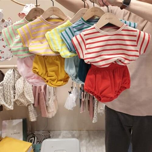 2020 Summer Baby Girls Clothes Set Korean Style Toddler Boy Clothing Striped Tee Top+Solid PP Bloomer Pant 2pcs Infant Outfits