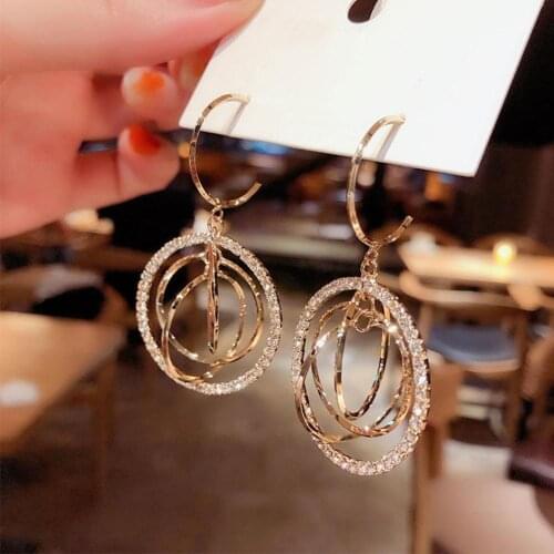 Korean Luxury Women Three-dimensional Ring Earrings Rhinestone Hoop Earrings Shine Crystal Hollow Gold Round Circle Jewelry