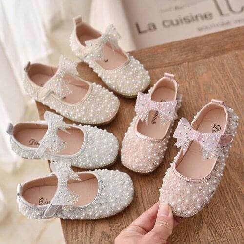Spring And Autumn New Girls' Leather Shoes Pearl Shallow Mouth Single Shoes Princess Shoes Student Flat Shoes Kids Bow Shoes