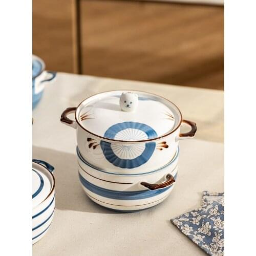 Instant Noodle Bowl Student Dormitory with Lid Single Binaural Soup Bowl Household Tableware Ceramic Japanese Style Ramen Bowl