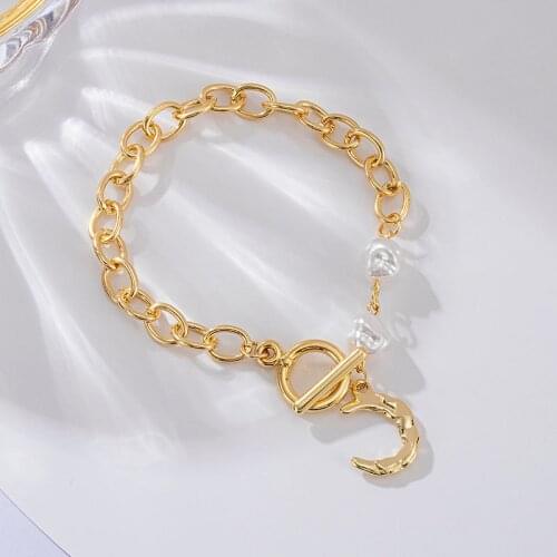 Punk Cuban Chains Moon Jewelry Fashion Pearl Alloy Pendant Thick Chain Bracelets For Women Charm Bracelet Bangle Party Jewelry