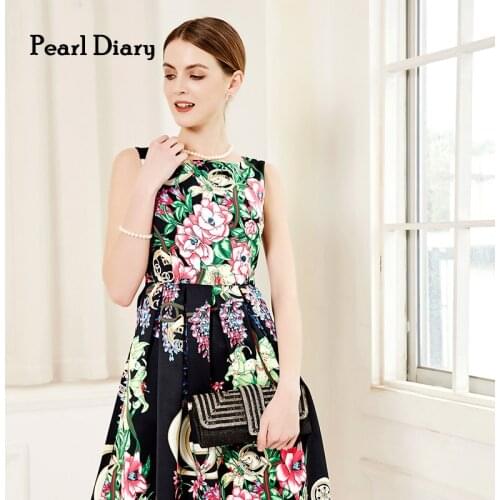 Pearl Diary Women Floral Print Elegant Dress Sleeveless A Line Summer Office Lady Dress French Style High Quality Print Dress