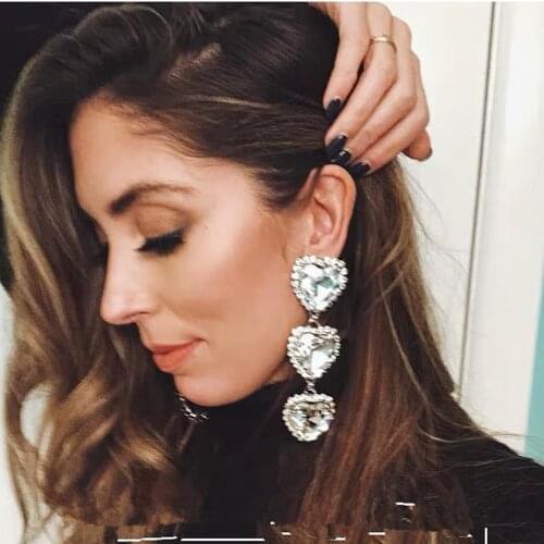 Popular Crystal Heart Charms Big Clip Dangle Earrings For Women Fashion Jewelry Maxi Girls' Collection Earrings No Hole Earrings