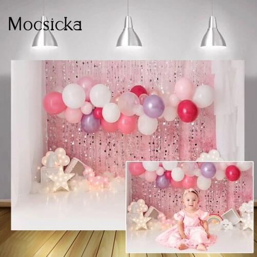 Pink Sweet Girl One Birthday Cake Smash Backdrop Princess Newborn Portrait Background Balloons Sliver Twinkle Star Photography
